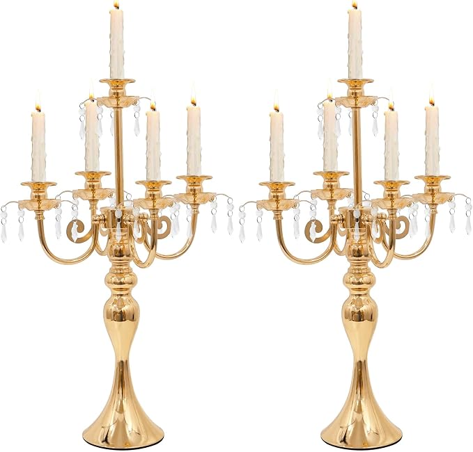 Candelabras Centerpieces for Tables, 20" Tall Candlestick Holder for Taper Candles, 5 Arm Crystal Candelabra Candle Holder for Wedding Centerpiece Decor Party Event Reception Decoration (Gold)