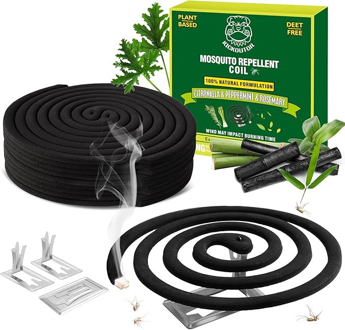 KICKOUTOR® Mosquito Repellent Coils, Each DEET Free Citronella Incense Burns for 5-7 Hours, Keep Flying Bugs Away from Outdoor Patio Camping Backyard Room (20 Coils & 4 Stands)