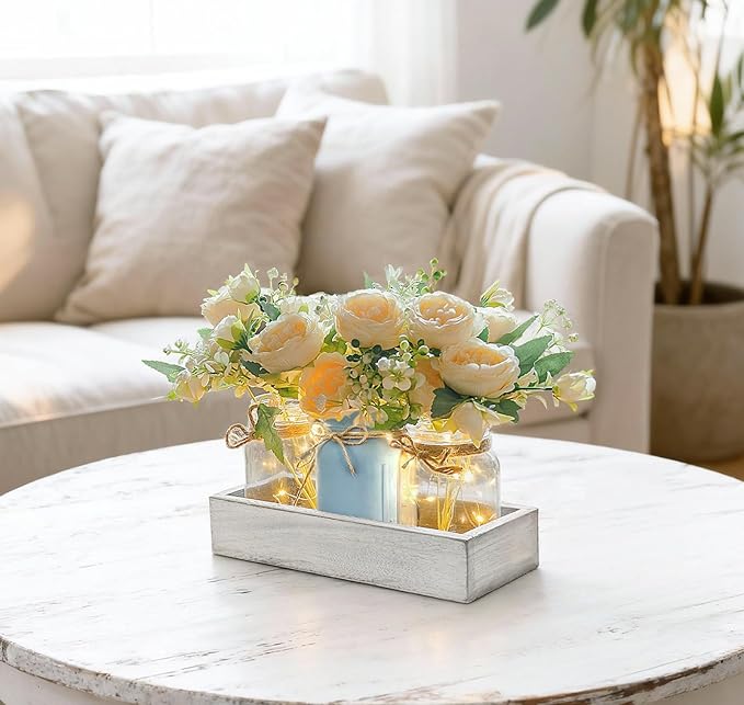 Mkono Mason Jar Lights Centerpiece Table Decor for Dining Room Farmhouse Wood Tray with 3 Jars Flowers Center Pieces Spring Decor for Coffee Table Kitchen Living Room, Grey Blue