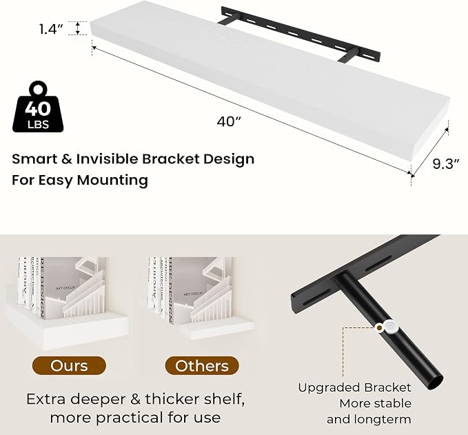 Dreamland 40Inch White Floating Shelves 9.3" Deep Wall Mounted Set of 2 | Wall shelves for bathroom, bedroom, Living Room, kitchen, deep wall mount wood storage display for home decor 40" x 9.3"