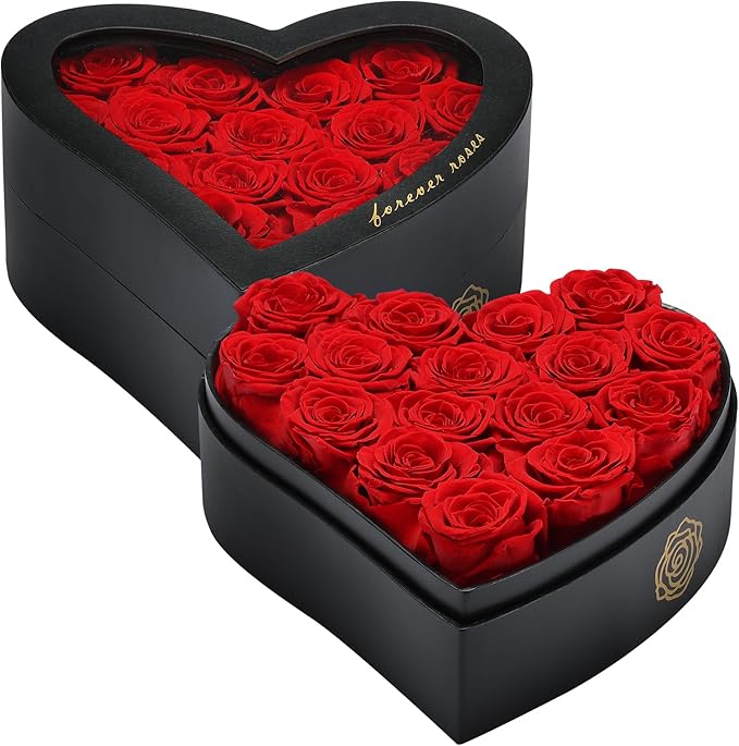 HERBMOTG 16 Forever Real Roses in Heart-Shaped Box with a Curved Design, Grade A Quality-Preserved Roses for Birthday, Mothers Day & Valentines Day (Red)