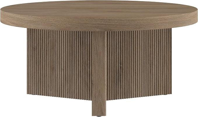 Henn&Hart 32" Fluted Round Low-Profile Coffee Table with Ribbed Pedestal Base for Living Room, Family Room, Office, or Apartment, Weathered Gray