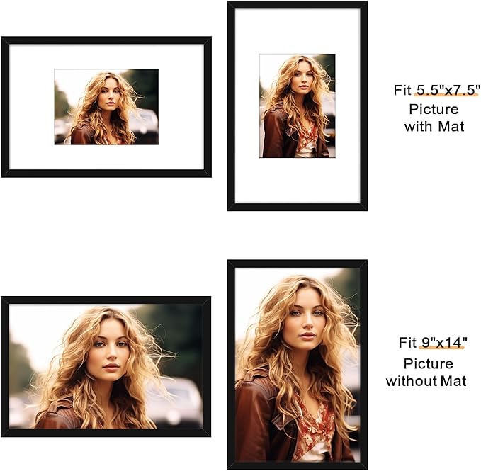 Picrit 9x14 Picture Frame Set of 12, Display 6x8 with Mat or 9x14 without Mat, Photo Frames for Wall Mounting or Table Top Display, Black
