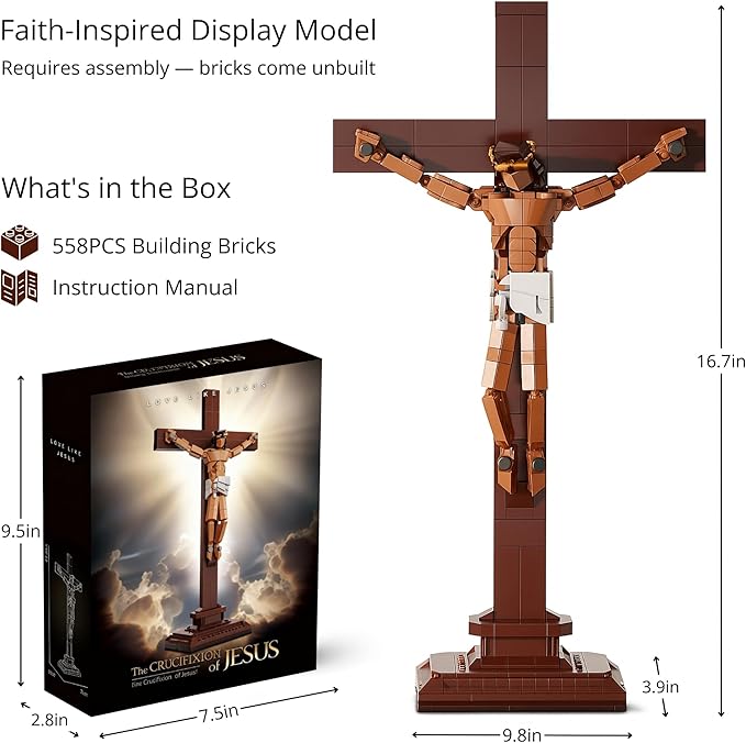 Jesus Crucifix Building Set for Adults, 16.7" Christian Cross Display Model, Faith-Based Home Office Desk Decor, Religious Gift for Confirmation, Mother’s Day & Father’s Day, 588 Pieces