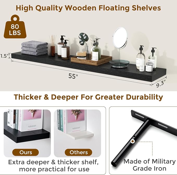 55 inch Floating Shelves for Wall, 9.3in Deep Black Shelves Wall Mounted Floating Shelf, Extra Long Wall Shelf for Living Room, Kitchen, Office, Floating TV Stand, 2 Packs