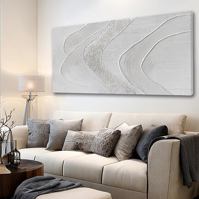 Minimalist White Abstract Wall Art, Hand Painted Textured Canvas in Neutral Beige and Cream Tones, Modern Gallery Wrapped Wall Decor for Living Room Bedroom Dinning Room, Ready to Hang, 24×48 Inch