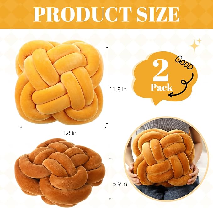 Beeveer 2 Pcs Knot Pillow Balls Set, 12 Inch Soft Decorative Throw Knot Pillow Ball, Large Square Knotted Floor Cushion for Living Room Bedroom Sofa Couch Bed Home Decoration (Caramel Brown, Turmeric)