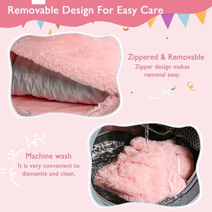3 in 1 Kids Bean Bag Chair Bed, Kids Fluffy Stuffed Floor Pillow for Gaming and Reading, Ultra Soft Faux Fur Fabric Bean Bag Chairs to Lounger for Playroom, Living Room, Bedroom, Pink
