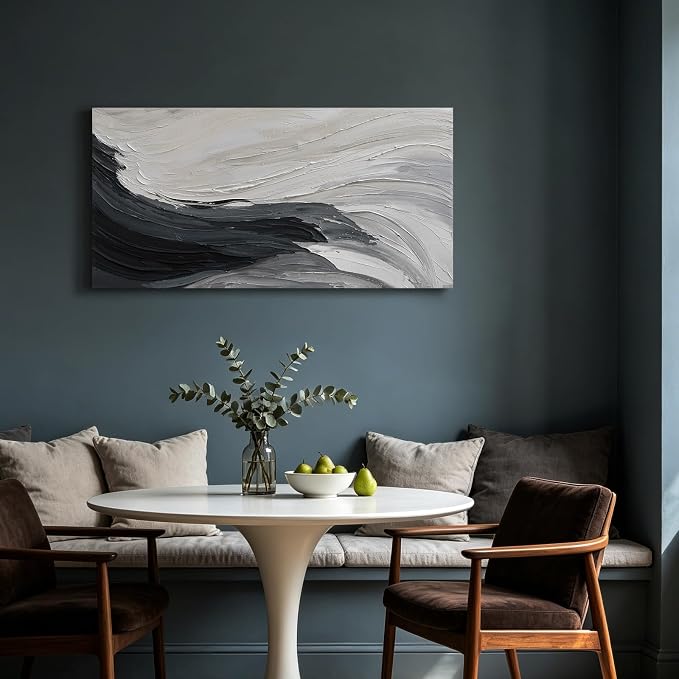 Modern Minimalist Black & White Ocean Wall Art, Large Abstract Wall Decor | Hand-Painted Oil Painting Canvas Artwork for Living Room Bedroom Office, Original Horizontal Coastal Wall Art Home Decor Gift