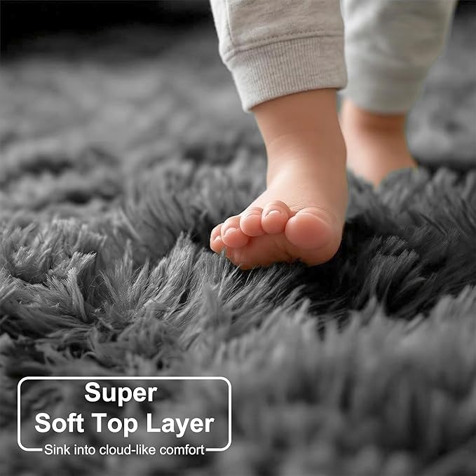 Grey Round Rugs 5Ft for Living Room Bedroom Aesthetic, Fluffy Fuzzy Shag Shaggy Circle Area Rug for Kids Room Decor, Furry Soft Plush Indoor Floor Gray Carpet for Baby Nursery Preppy Dorm Home Office