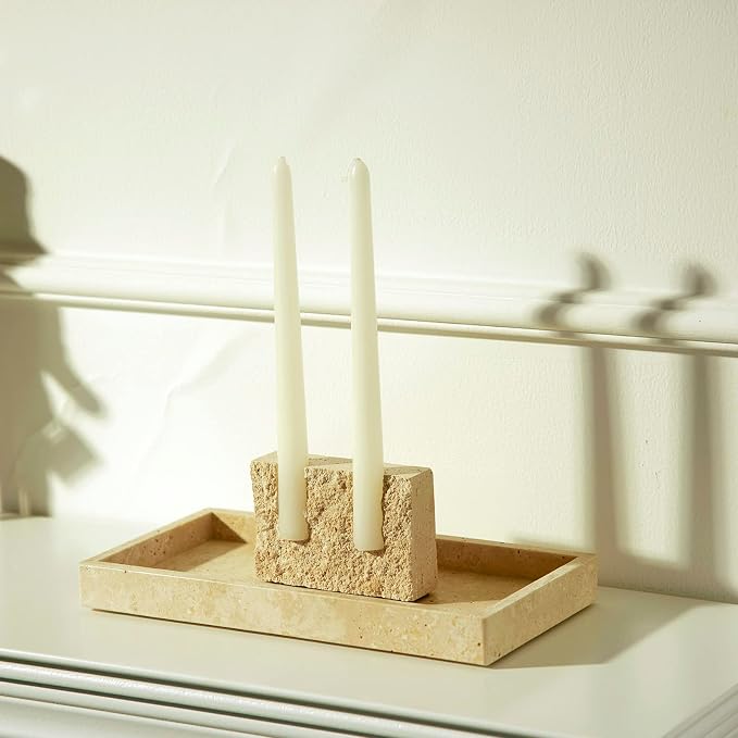 Marble Taper Candle Holder,Travertine Stone Candlestick Holder, Beige