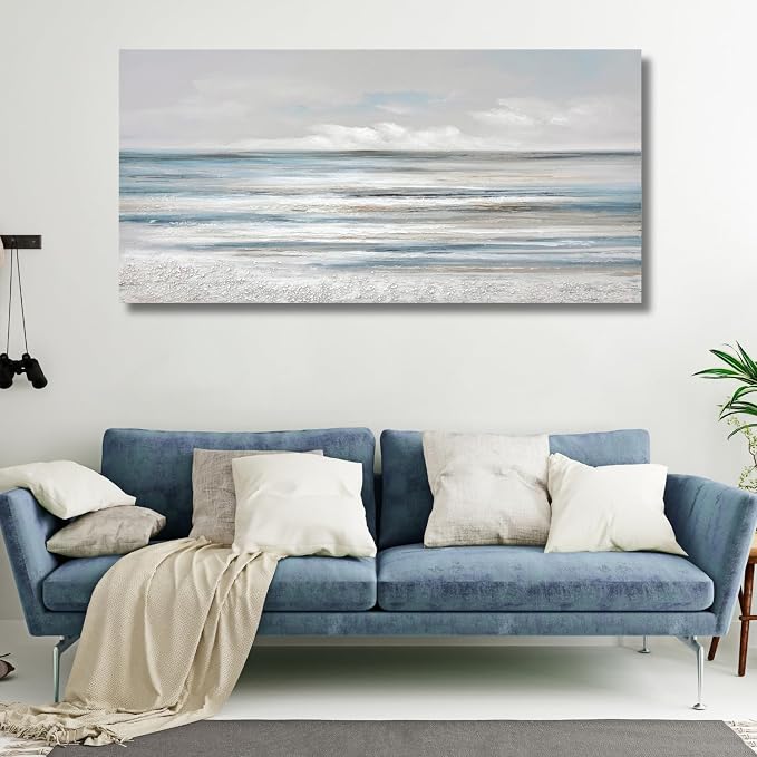 TRAIN2 ART Abstract Wall Art Modern Coastal Wall Decor Textured Blue and White Sea Background Canvas Wall Art for Living Room Bedroom Kitchen Office 20"x40"