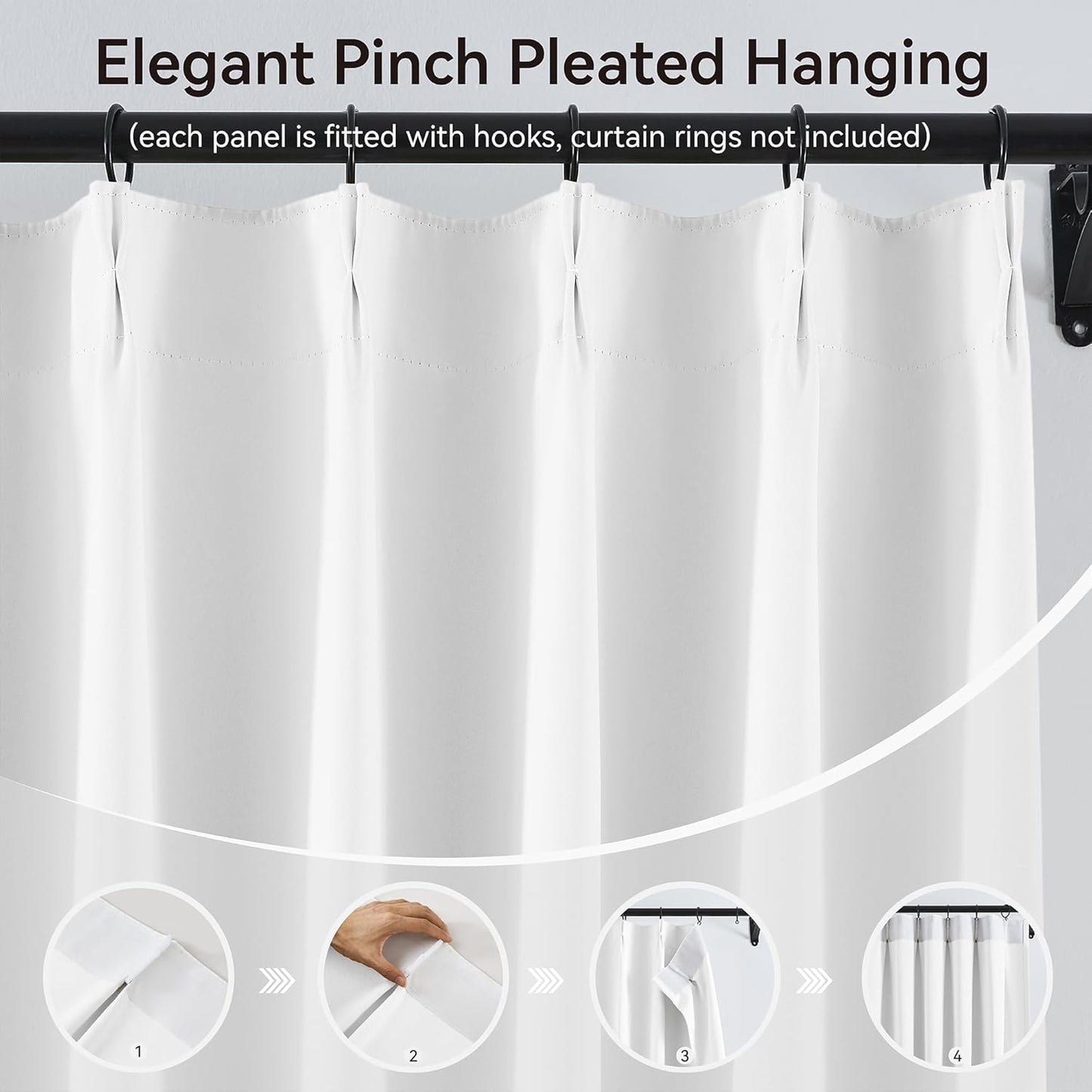 KangBang White Pinch Pleat Curtains 96 Inches Long for Living Room, Light Blocking Thermal Solid Pleated Curtain Panels with Hooks for Baby’s Crib Dorm, Soft & Vertical Home Decor, W40xL96,2 PCs
