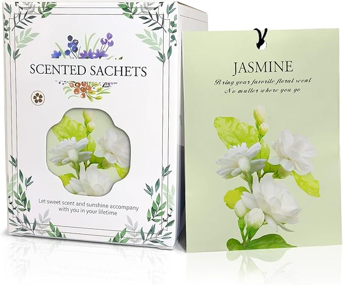 Jasmine Scented Sachet Bags - 12 Pack Drawer & Closet Freshener, Long Lasting Odor Eliminator for Wardrobes, Cars & Storage, Home Fragrance Air Freshener Sachets