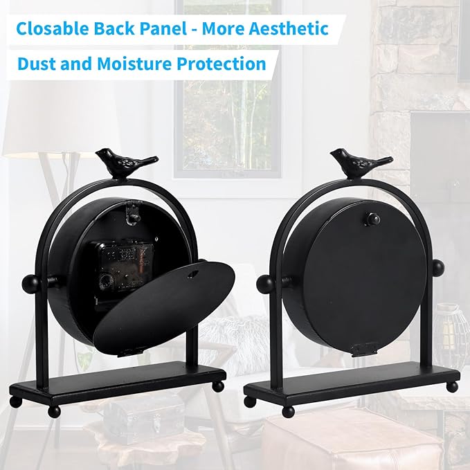 MODE HOME Vintage Farmhouse Table Clock with Bird Topper, Silent Non-Ticking Mantel Clock with Closable Back Cover, Black Iron Decorative Desk Clock for Living Room, Fireplace Mantel & Bedroom, 8 Inch