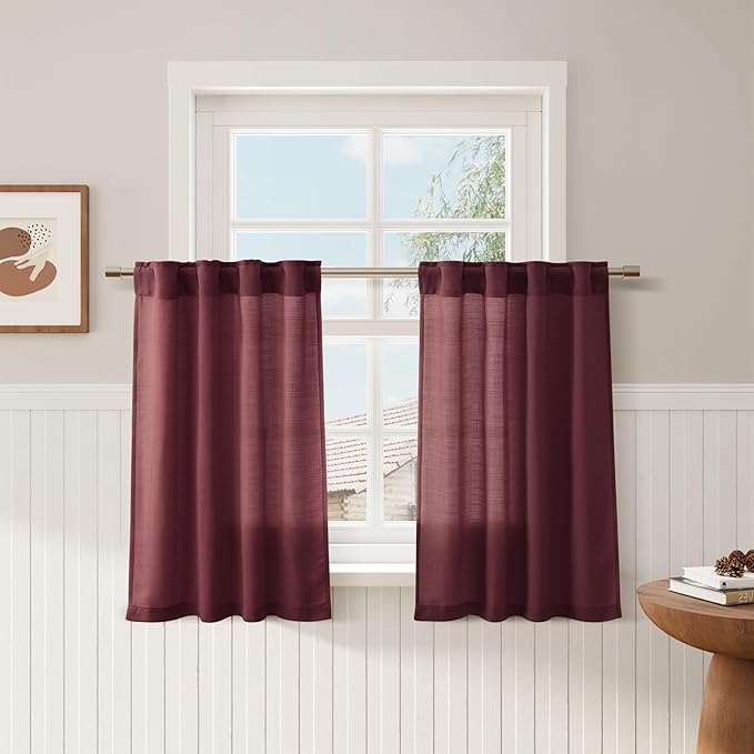 Burgundy Linen Kitchen Curtains 36 Inch Length 2 Pack Light Filtering Semi Industrial Style Transparent Linen Blend Short Drapes Back Tab Rod Pocket for Small Windows Cafe Bathroom Garage 26Wx36L