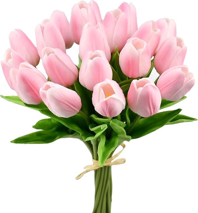 Mandy's Peach Artificial Tulips Flowers Centerpiece, 13.5" Lifelike PU Fake Floral Stems 20pcs for Kitchen Island & Dining Table, Spring Decor for Easter