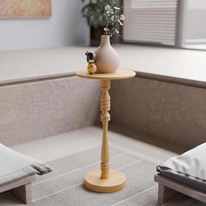 Relso Stambha Solid Wood Drink Table - 24" Tall Round Accent Side Table, Handcrafted Natural Finish, Mango Wood, Perfect for Living Room, Bedroom or Indoor Plant Stand, 12" Compact Top