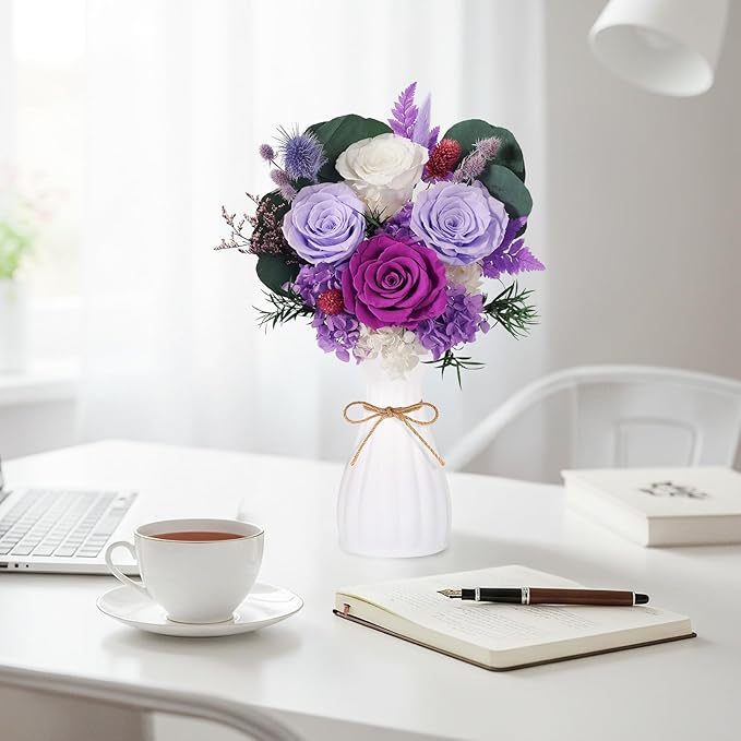 Preserved Flowers Bouquet 4 Roses with Vase,Flowers for Delivery Prime That Last 3-5 Years Real Forever Flowers Rose Bouquet for Mom Mother Women Wife Friends Birthday Mother's Day