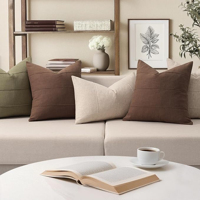 ZWJD Decorative Linen Throw Pillow Covers 18x18 Set of 2 Solid Handcrafted Striped Cushion Covers for Bed Soft Modern Farmhouse Neutral Pillowcase for Couch Bedroom Living Room Home Decor(Brown)
