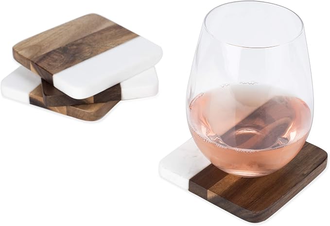 Twine Marble and Acacia Coasters, Modern Square Coasters, Acacia Wood, Marble, Protect Tables and Surfaces, Set of 4
