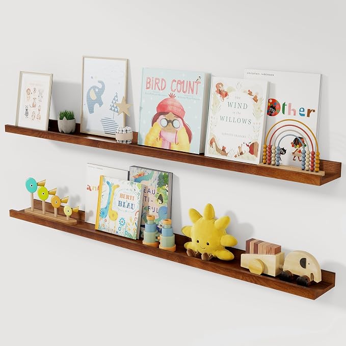 Acovy Solid Ash Wood Floating Shelves, 48 Inch, Walnut, Set of 2 | Wood Picture Ledge, Wall Mounted, For Living Room Kids' Bedroom Nursery, Large Photo Ledge