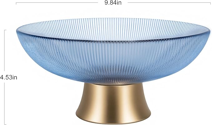 Round Glass Decorative Bowl (Blue), 9.8 Inches Handblown Striped Design Glass Bowl with Rust Resistant Metal Base,Decor Fruit Bowl for Home Decor,Table Centerpiece,Kitchen Island and Dining Decor