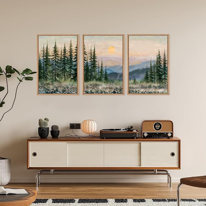 DRACIT Boho Sunset Forest Framed Canvas Wall Art Set,Natural Green Pine Tree Wall Decor,Modern Watercolor Mountain Landscape Artwork for Living Room,Bedroom,Office-24 x36 x3