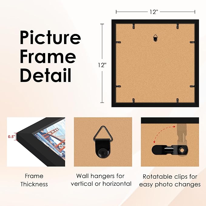 FIXSMITH 12x12 Picture Frame Set of 4, Photo Frame with HD Plexiglass, Display Pictures 8x8 with Mat or 12x12 Without Mat, Black Picture Frames Collage Wall Decor, Gallary Wall Frame