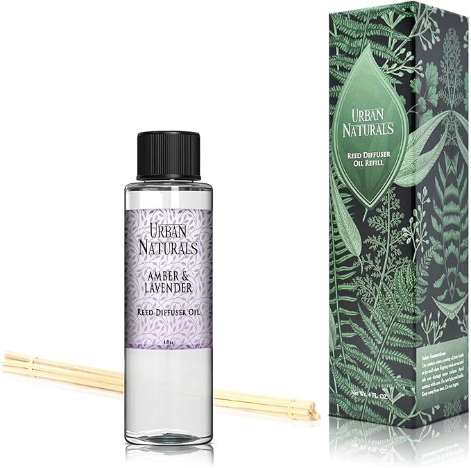Urban Naturals Reed Diffuser Oil Refill Amber & Lavender, Soothing Lavender, Warm Amber, Calming Room Scent, 4 oz + Free Reed Sticks, Made in the USA