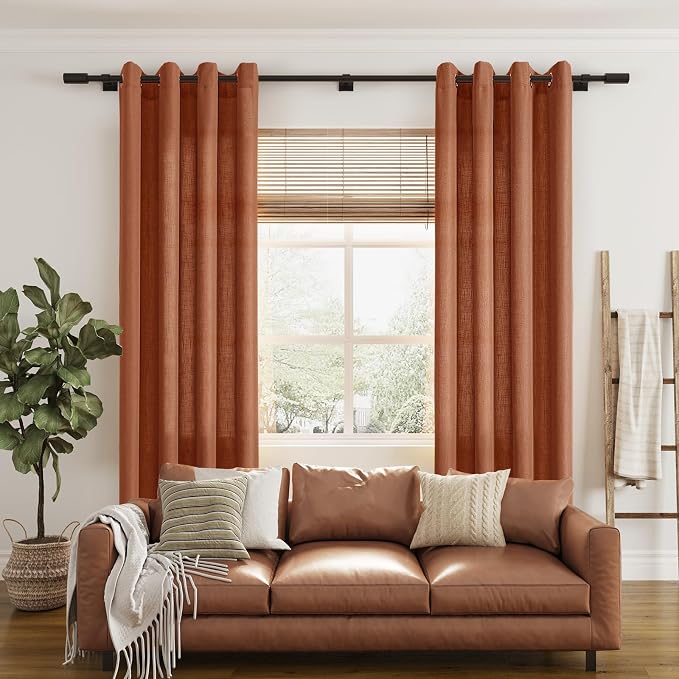 Terracotta Linen Curtains 84 Inch Length 2 Panels Set for Living Dining Room Grommet Light Filtering Semi Sheer Drapes Boho Farmhouse Rustic Rust Colored Window Curtains 84 Inches Long for Bedroom
