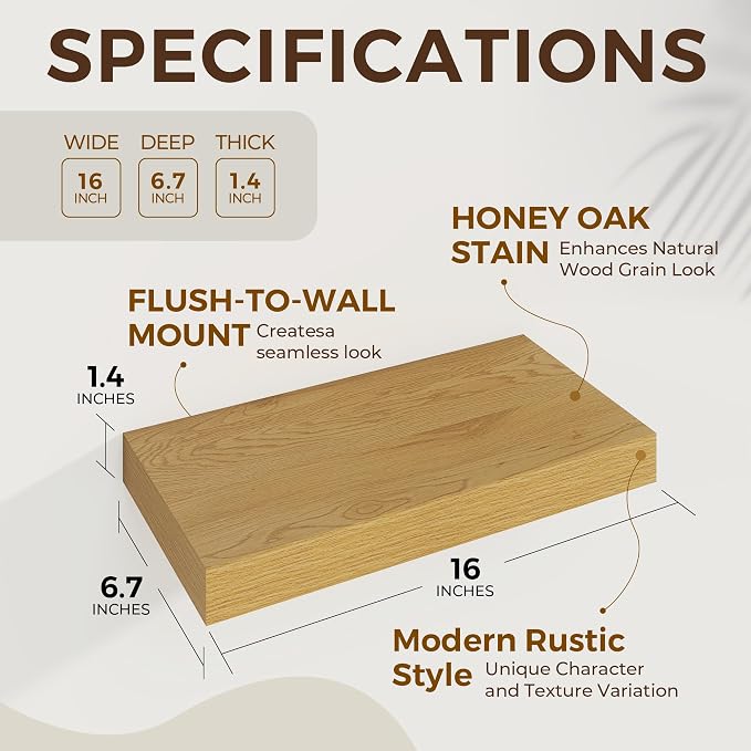 Dreamland 16" Floating Shelves 6.7" Deep Wall Mounted Set of 2 Oak | Wall shelves for bathroom, bedroom, Living Room, kitchen, deep wall mount wood storage display for home decor 16" x 6.7"