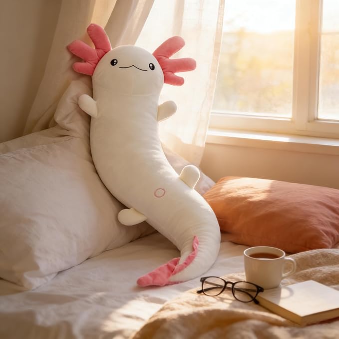 MaoGoLan 48" Giant Axolotl Plush Body Pillow, Large Axolotl Stuffed Animal Toy for Kids Girl Boy, Soft White Glow in The Dark Salamander Plush Toy, Birthday Easter Gift, Baby Shower Holiday Decor