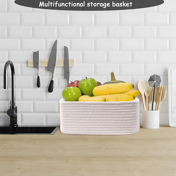 COMFY-HOMI 13" x 8.5" x 5.1" Storage Baskets for Organizing | Cotton Rope Woven Basket | Toy Storage Bin Box | Basket for Shelves, Closet Organizer Bin, Decorative Closet Shelf, 3 Pack, White