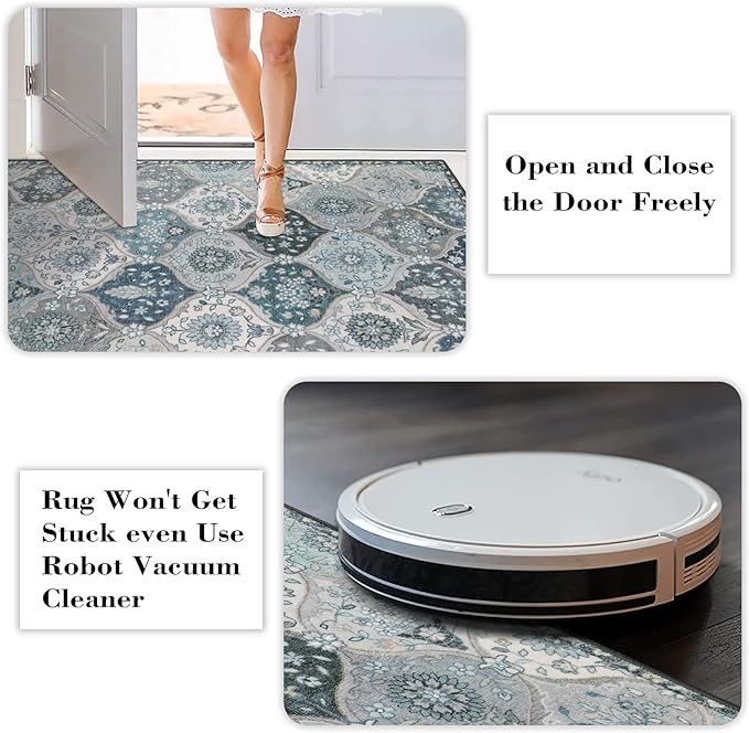 Lahome Moroccan Washable Round Rug, Soft Vintage Small Round Rug 3ft Non-Slip, Ultra-Thin Distress Circle Carpet for Entryway Bathroom Bedroom Kitchen Elise, Blue