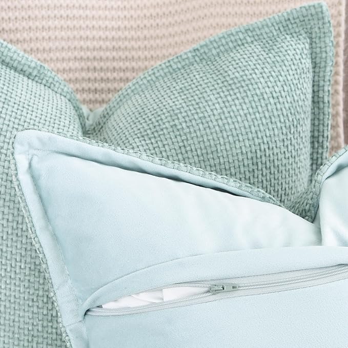 MADIZZ Decorative Chenille Velvet Throw Pillow Covers Set of 2 Soft Boho Textured Neutral Couch Throw Pillow for Bed Modern Farmhouse Home Decor for Sofa Livingroom Aqua Green 12x20 Inch