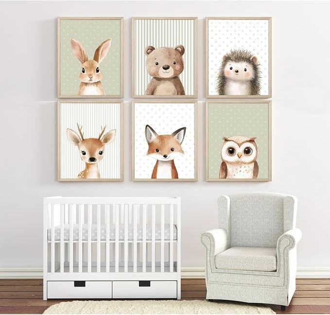 Woodland Animal Nursery Wall Art Decor Baby Kids Canvas Poster Safari Animal Wall Decor Jungle Forest Prints Bear Fox Deer Pictures Sage Green Painting Neutral Artwork for Bedroom 8x10x6 Inch Framed