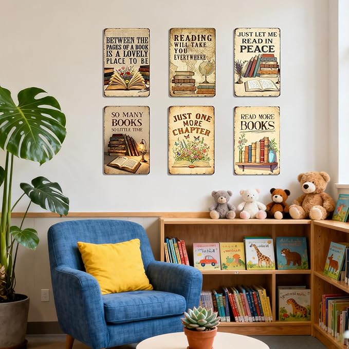 Vintage Classroom Decor 6pcs Reading Book Posters Metal Signs - Library Wall Art Reading Corner Decor for Dorm, Book Shop, Middle & High School Classroom Decorations Sign 8x12 Inch
