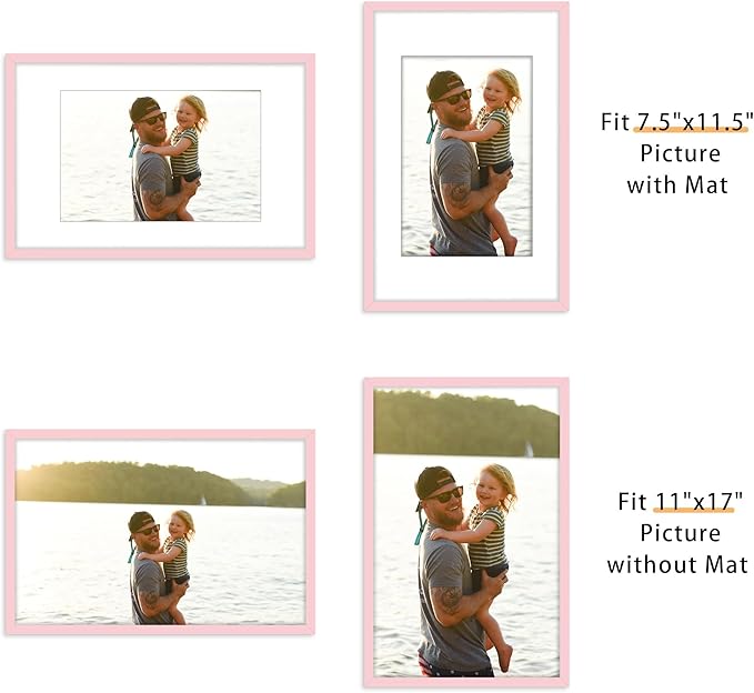 Picrit 11x17 Picture Frame Set of 12, Display 8x12 with Mat or 11x17 without Mat, Photo Frames for Wall Mounting Display, Pink