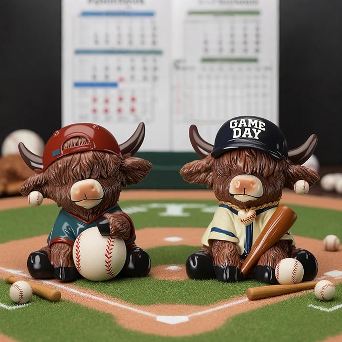 Wesiti 2 Pcs Baseball Highland Cow Figurines Decor, Cute Sport Resin Cow Statue with Bat and Ball, Baseball Fan Gifts for Adults Coaches Team Decor