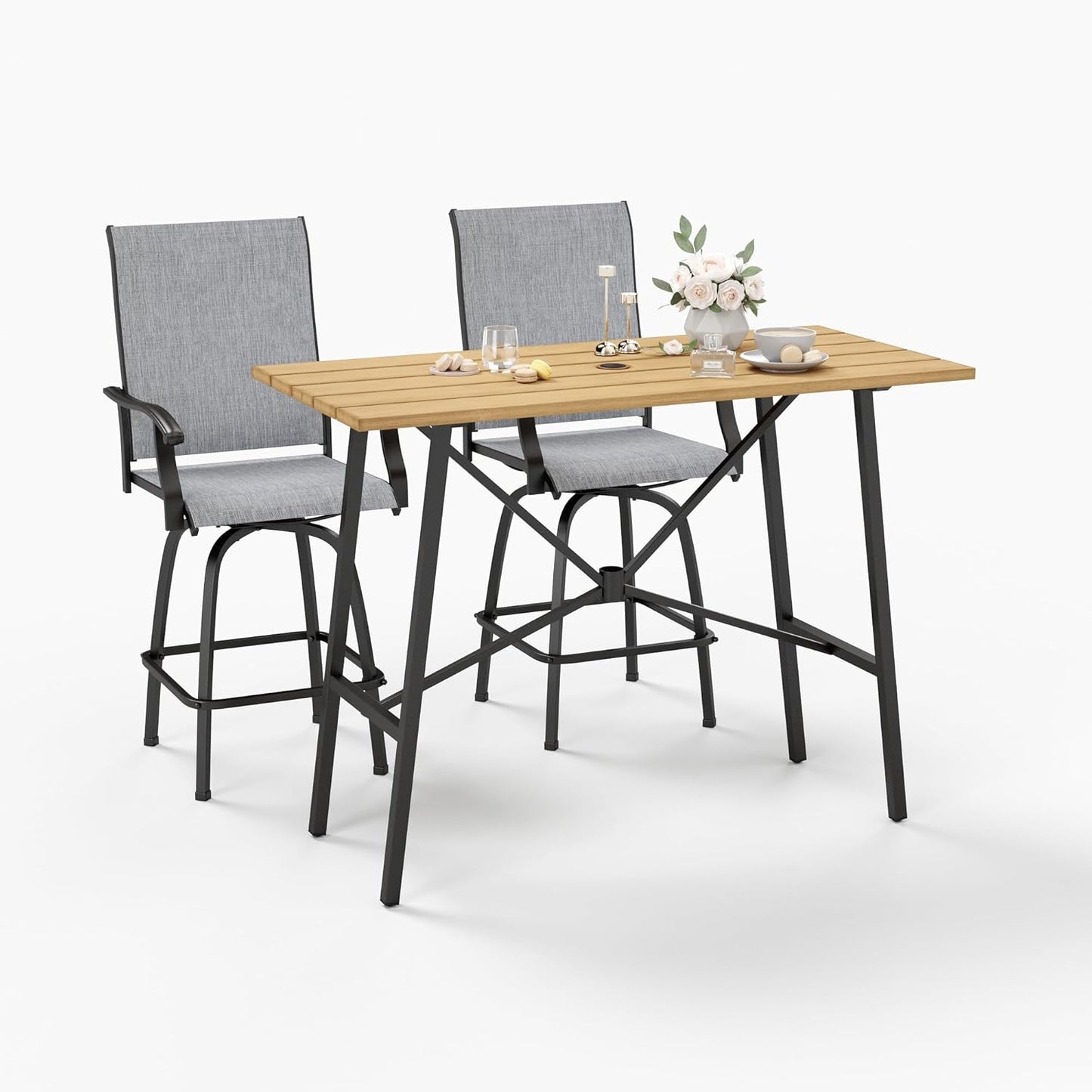 Sophia & William Outdoor Bar Set, Patio Bar Table and Chairs Set, Bar Height Patio Set - 2 x Swivel Bar Chairs(Grey), 1 x Rectangular Bar Table(Wood-Like)
