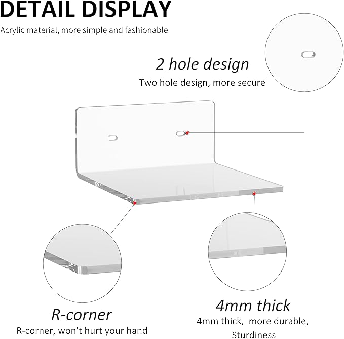 Sezanrpt 6 Inches Acrylic Small Wall Shelves 2 Pack, Floating Shelf for Wall Mounting, Acrylic Display Ledges for Funko Pop Figures, Home Décor, Living Room, Gaming Room, Plants(6 inch, Clear)
