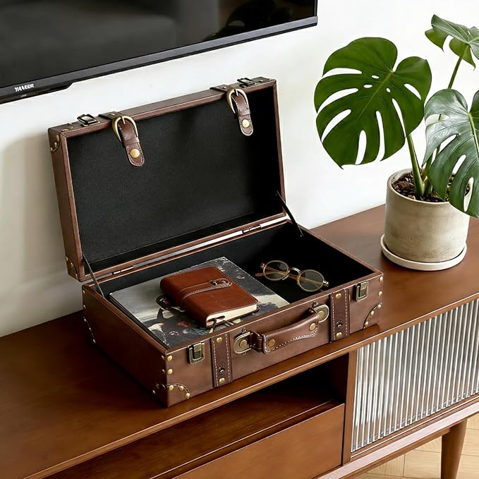 DECOR4SEASON Vintage Leather & Wood Storage Box – Compact Decorative Suitcase Chest with Classic Design, Perfect for Keepsakes, Travel, and Home Organization