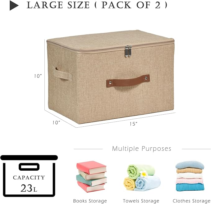 2 Pack Storage Bins with Zipper Lid Cotton Linen Fabric Lidded Storage Baskets Boxes Foldable Washable Closet Shelf Clothes Organizer Container with PU Leather Handles (Linen, Large)