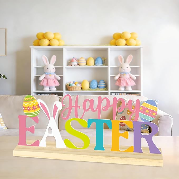 Happy Easter Metal Table Sign, Easter Table Decoration Centerpiece, Metal Letter Sign with Wooden Base,Colorful Spring Tabletop Decor for Home, Office, Shelf, Mantel, Indoor
