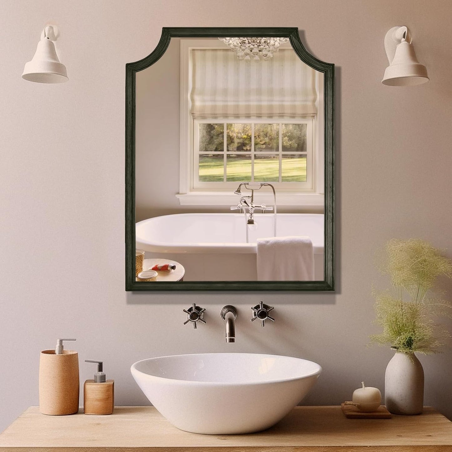 WallBeyond Scalloped Wood Mirror for Wall Decor 16x20 Inch Black Small Bathroom Vanity Rectangle Mirror for Hallway Bedroom Living Room(Black)