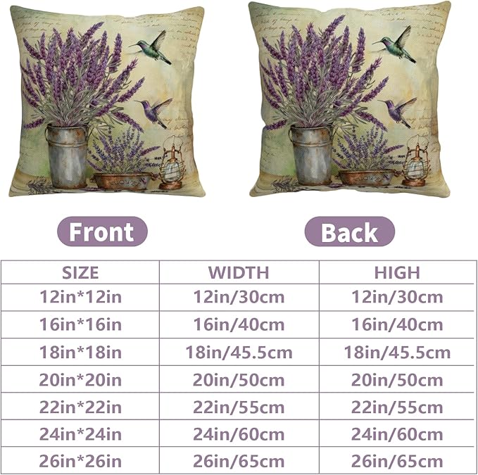 Lavender Pillow Covers Purple Flower Rustic Pillow Covers 24x24 Set of 2 Lavender Hummingbird Pillow Case Spring Vintage Cotton Linen Cushion Case for Garden Farmhouse Patio