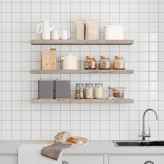 RALGEND Floating Shelves for Wall, 1.5" Thick Wall Shelf Set of 3 with Invisible Brackets, L39.4 x W7.9 Hanging Book Shelves Farmhouse Home Decor for Bathroom, Living Room, Bedroom, Greige 10301BJP3BG