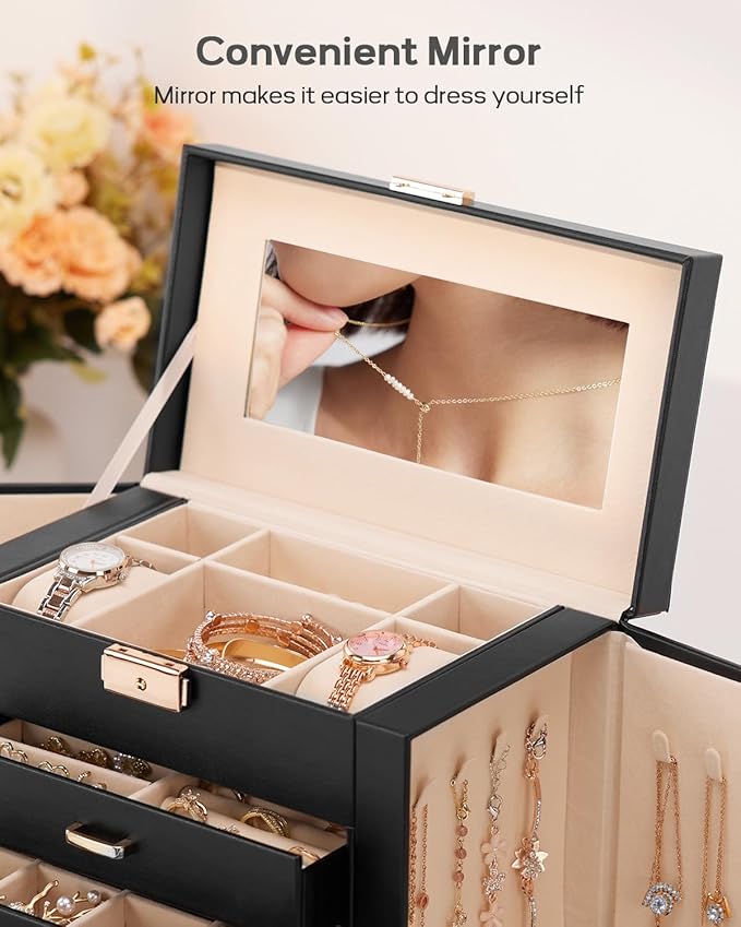 Homde Synthetic Leather Huge Jewelry Box Mirrored Watch Organizer Necklace Ring Earring Storage Lockable Gift Case (Black + Gold)