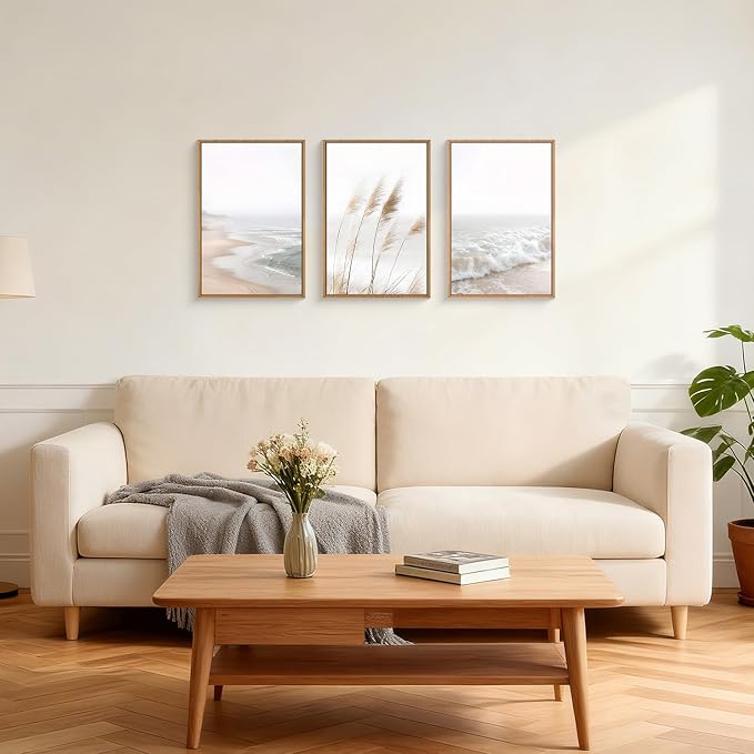 LHIUEM Large Neutral Coastal Reed Framed Canvas Wall Art,Modern Beach Natural Wall Decor,Boho Ocean Waves Picture,Minimalist Beige Seascape Artwork for Living Room,Bedroom,Dining Room -16"x24"x3